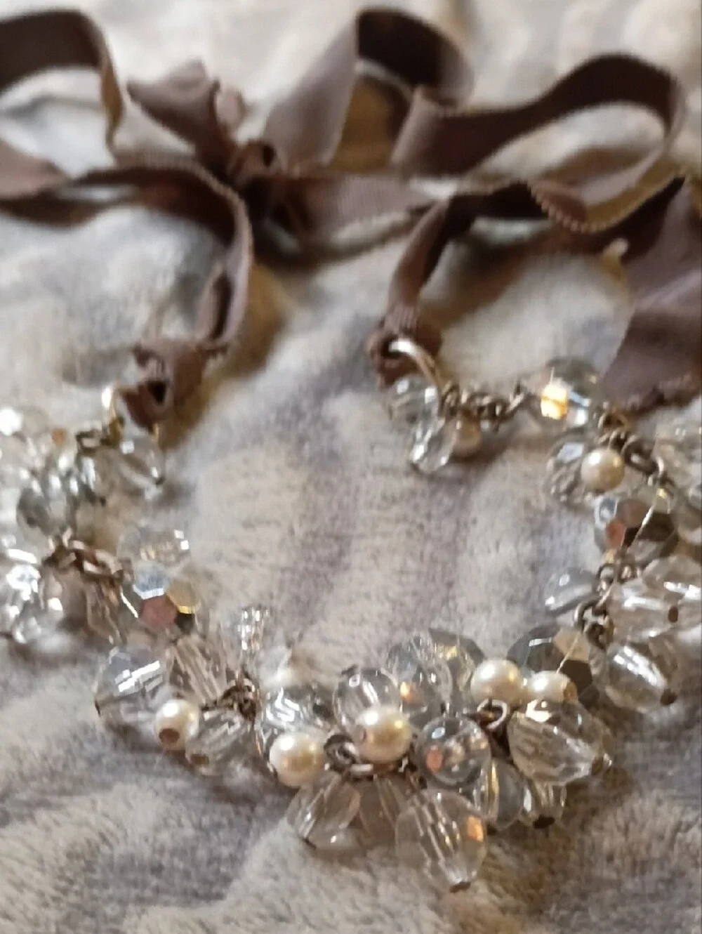 Taupe Ribbon Crystal & Pearl Necklace
